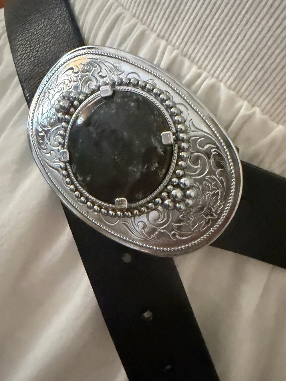 Silvertone Western Belt Buckle w Black Stone Accent Boho Cowboy Southwest Chic